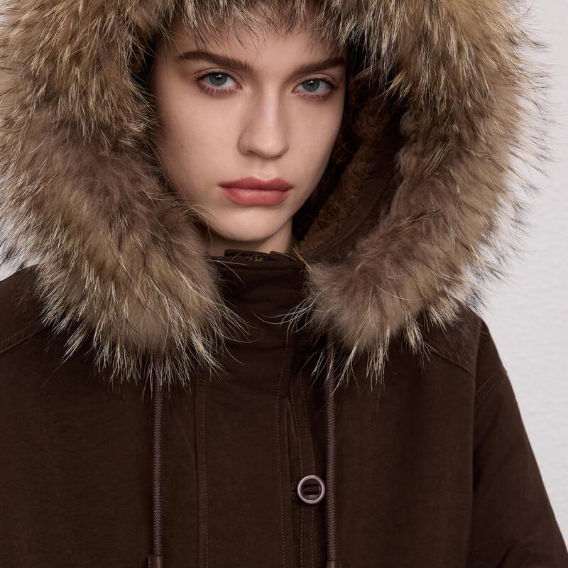 LANZHI Women's Raccoon Fur Collar Hooded Short Jacket