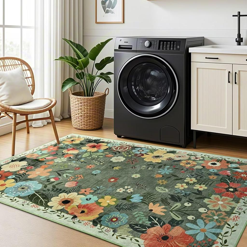 Sage Green Floral Area Rug, Washable Low Pile Carpet, Soft Non-Slip Mat for Living Room Bedroom Entryway