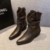 Мода Новый Стиль Мода Женские Ботинки до середины икры Дизайнерские плиссированные кожаные ботинки Массивный каблук Вестерн ковбой Заостренный для женщин Рыцарский ботинок