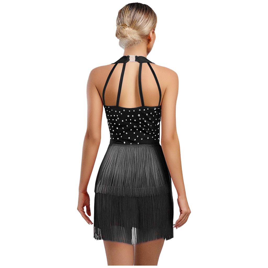S-3XL Women Dance Bodysuit Halter Neck with Rhinestones Fringed Back Latin Tango Salsa Jazz Performance Costume Leotard