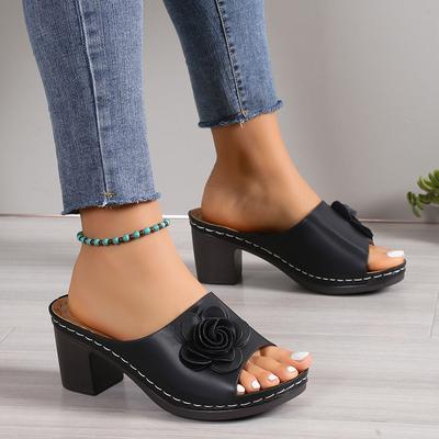 Новые летние тапочки, женские сандалии на высоком каблуке, женские толстые женские модные пляжные тапочки с цветочным принтом и рыбьим ротом, обувь для мам черного цвета