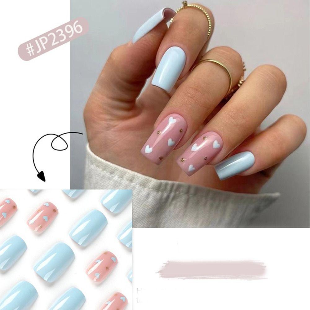 24pcs Nail Tips DIY Press On Nails Black Edge Love Heart French False Nails Long Square