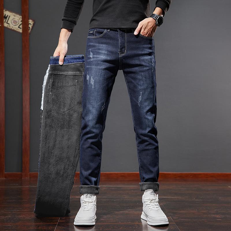 Эластичные и мягкие джинсы для мужчин, узкие и удобные, универсальные, облегающие прямые брюки с плюшевой подкладкой, повседневные брюки