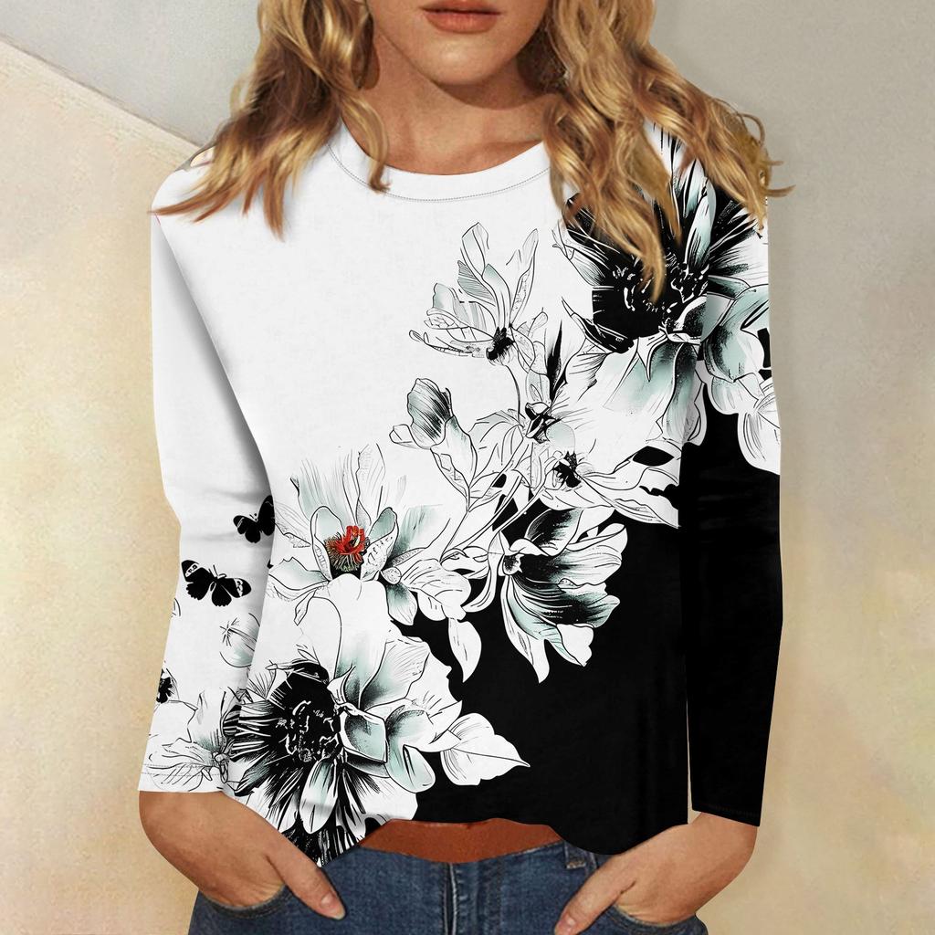 Женский модный повседневный пуловер с круглым вырезом и длинным рукавом с цветочным принтом