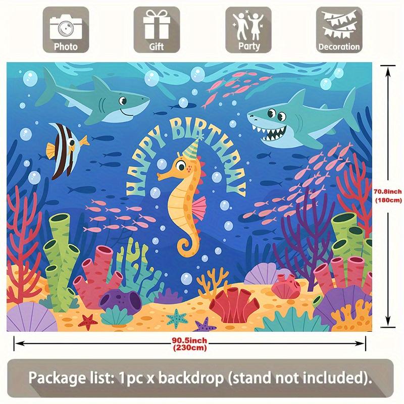 Underwater Birthday Banner, Shark Turtle Coral Backdrop Wall Decor for Party