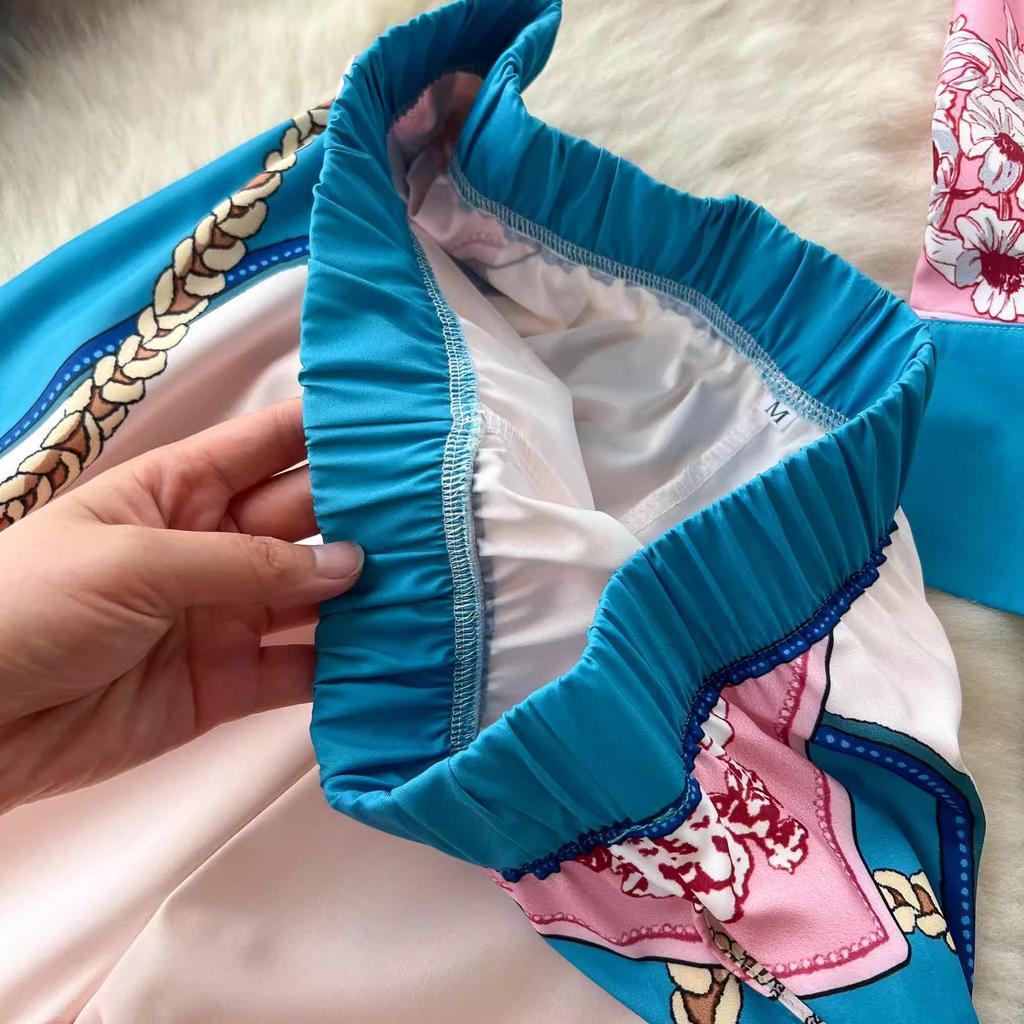 Spring Autumn Runway Designer Chain Flower Print Two Piece Set Women Long Sleeve Shirt Top And Elastic Waist Wide Leg Pant Suit