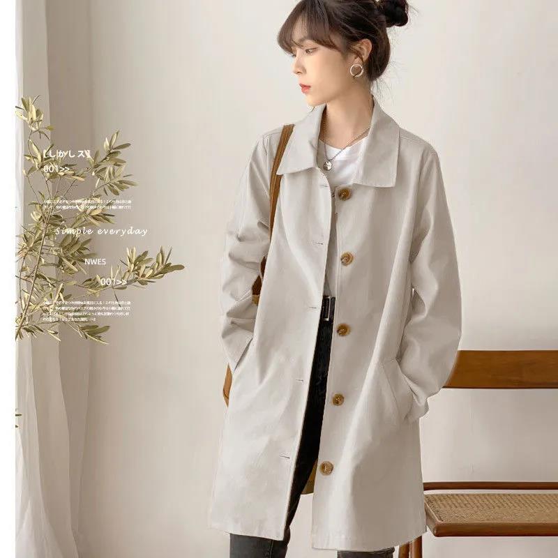 Polo Collar Trench Coat Solid Color Simple Casual Women's Thin Coat Mid Length Loose Single Breasted Design with Lining Cloth Spring Autumn