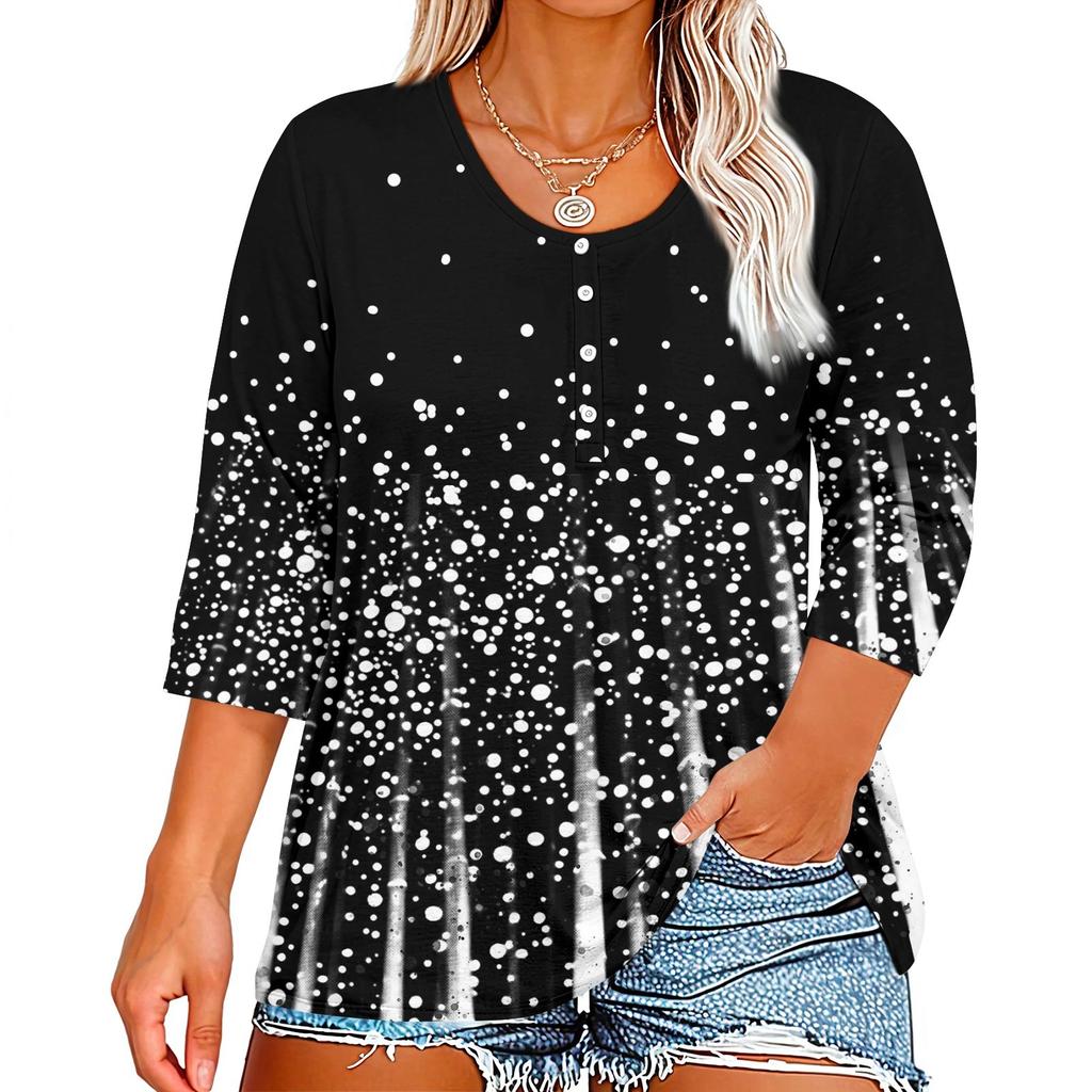 3/4 Sleeve Shirts For Women Print Graphic Tees Button V-neck Blouses Casual Plus Size Basic Tops Pullover