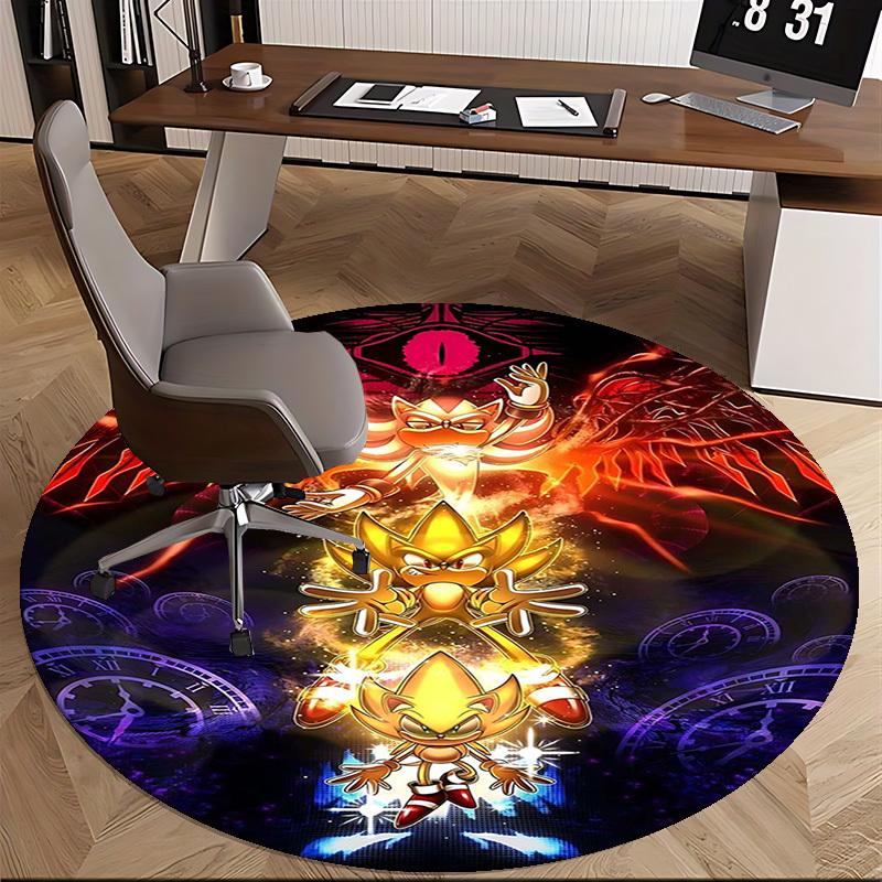 1pc Golden Sonic the Hedgehog Anime Cartoon Design Round Carpet for Office Chair Mat, NonSlip Rug, Home Decor, Living Room, Bedroom