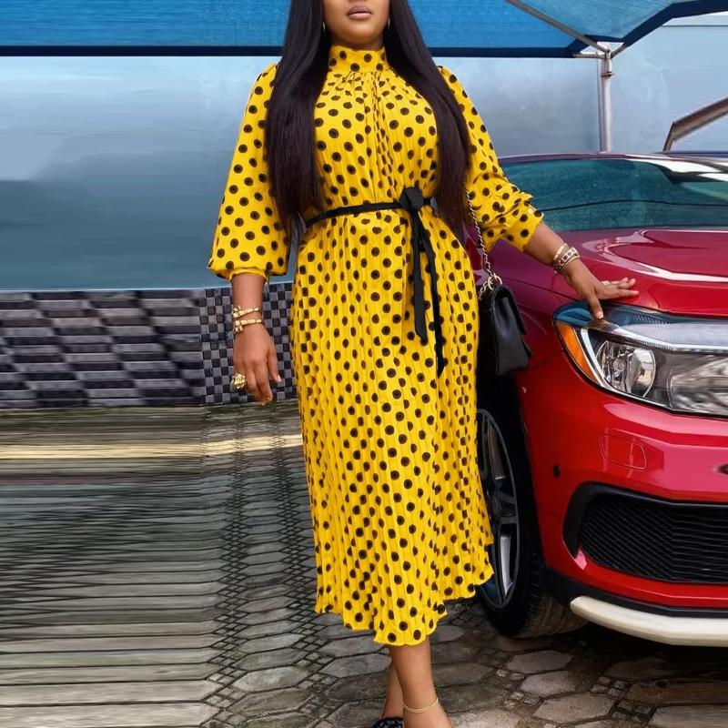 Женская мода воротник-стойка длинный рукав горошек принт талия завязывающиеся платья