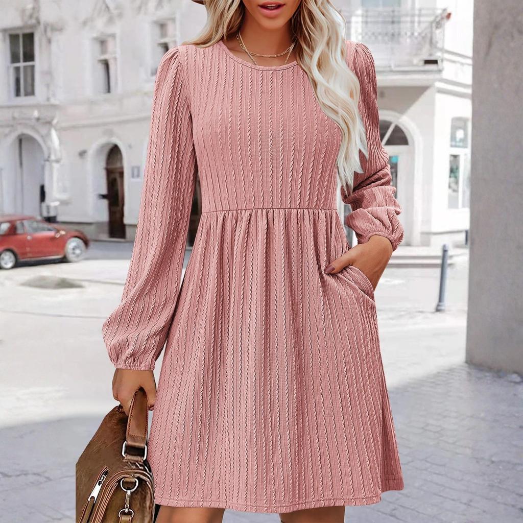 Women's Fashion Casual Solid Round Neck Pullover Loose Long Sleeve Dress