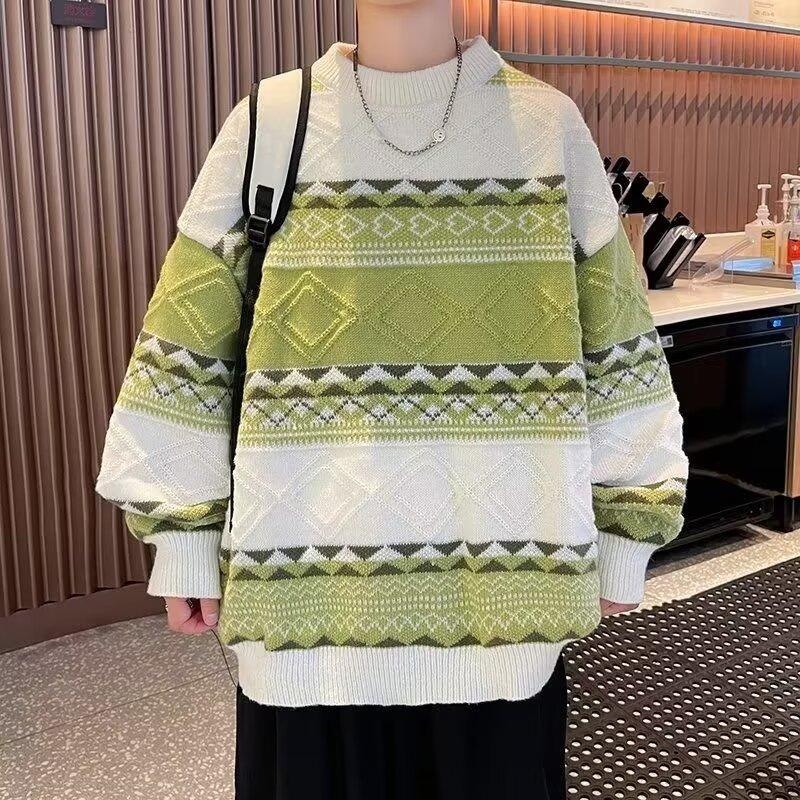 New Spring and Autumn Sweaters for Men, Korean Version, Retro Lazy Style, Loose Striped Casual Tops for Men, Trendy