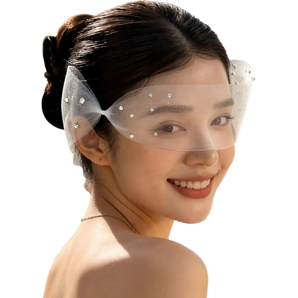 White Tulle Fabric Pearl Short Veil Mesh Wedding Face Accessory Bridal Face Mask Stage Performance