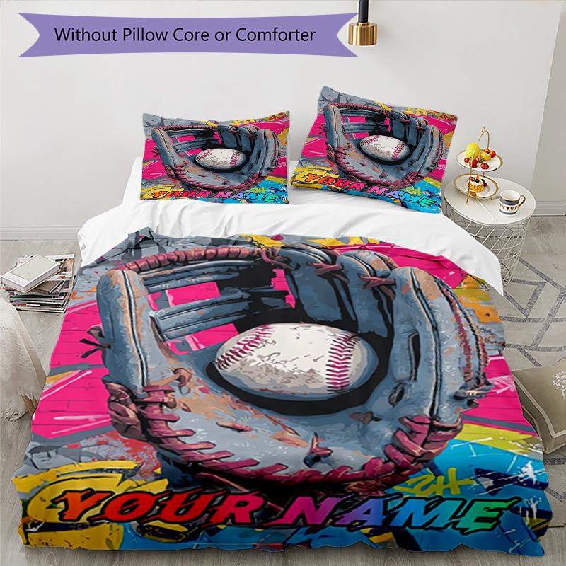 3PC Custom Name Baseball Glove Ball Bedding Set Duvet Cover Closure Includes 1 Duvet Cover & 2 Pillowcases for Bedroom