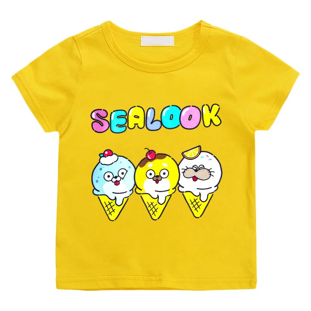 Sealook 100% Хлопок Мультяшные Футболки Детские Милые Мальчики Девочки Короткий Рукав Дышащие Кавайи Детские Высокое Качество Круглый Вырез Футболки