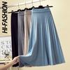 Autumn Winter Knitted Midi Long Pleated Skirt ZA Women Korean Style Blue Mid-Length High Waist Skirt Female
