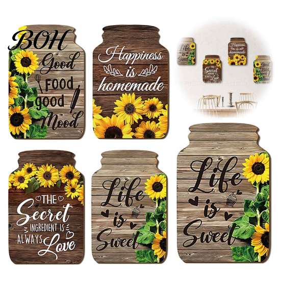 Sunflower Kitchen Signs Mason Jar Shape Wall Decoration, Wooden Art with Print, Country Style Accents Retro Rustic Hanging Decor for Farmhouse Living