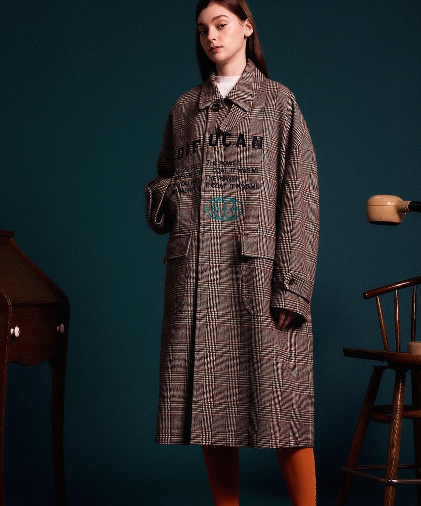 Soifucan Plaid Loose Fit Long Duffle Coat