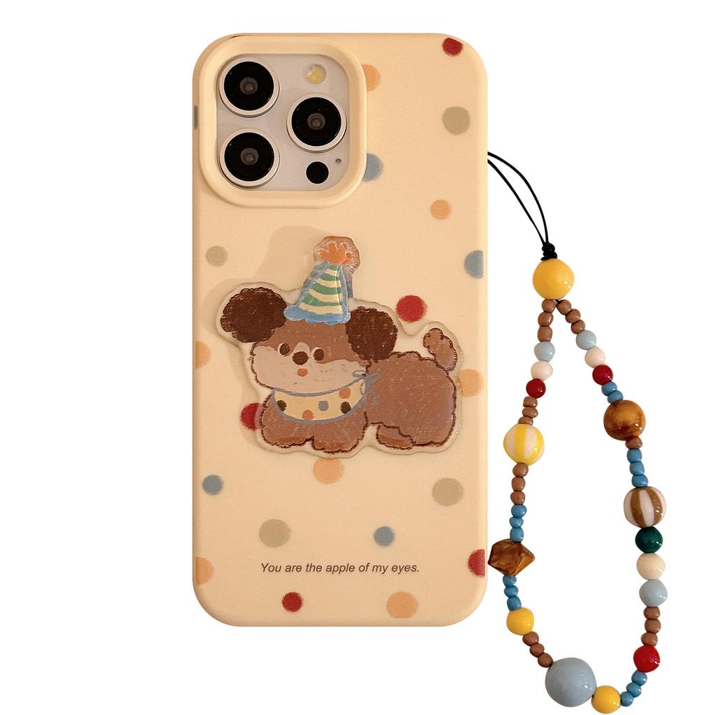 For Apple 16 Mobile Phone Case 17 Korean Style Polka Dot Three-dimensional Puppy for IPhone 13 Hanging Chain 15 Promax Soft Case 12