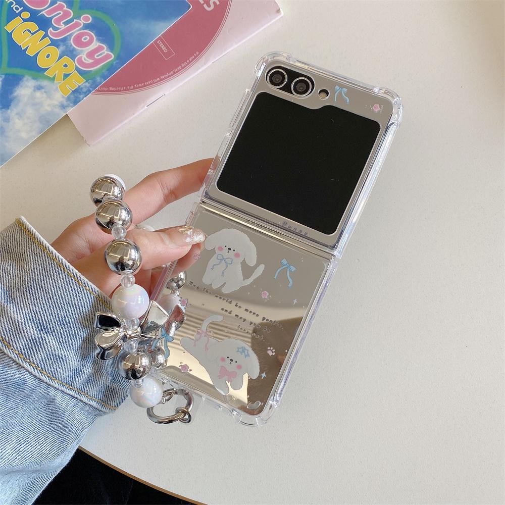 Cute Cartoon Butterfly Bracelet Case for Samsung Galaxy Z Flip 5 4 3 6 Flip5 Flip4 Cat Dog Mirror Make Up Wrist Chain Cover
