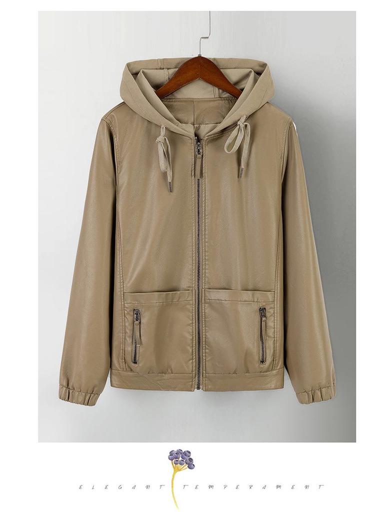 Весна/Осень 2025 Женское короткое пальто из ПУ кожи с капюшоном - Стильная куртка на молнии для молодых мам.