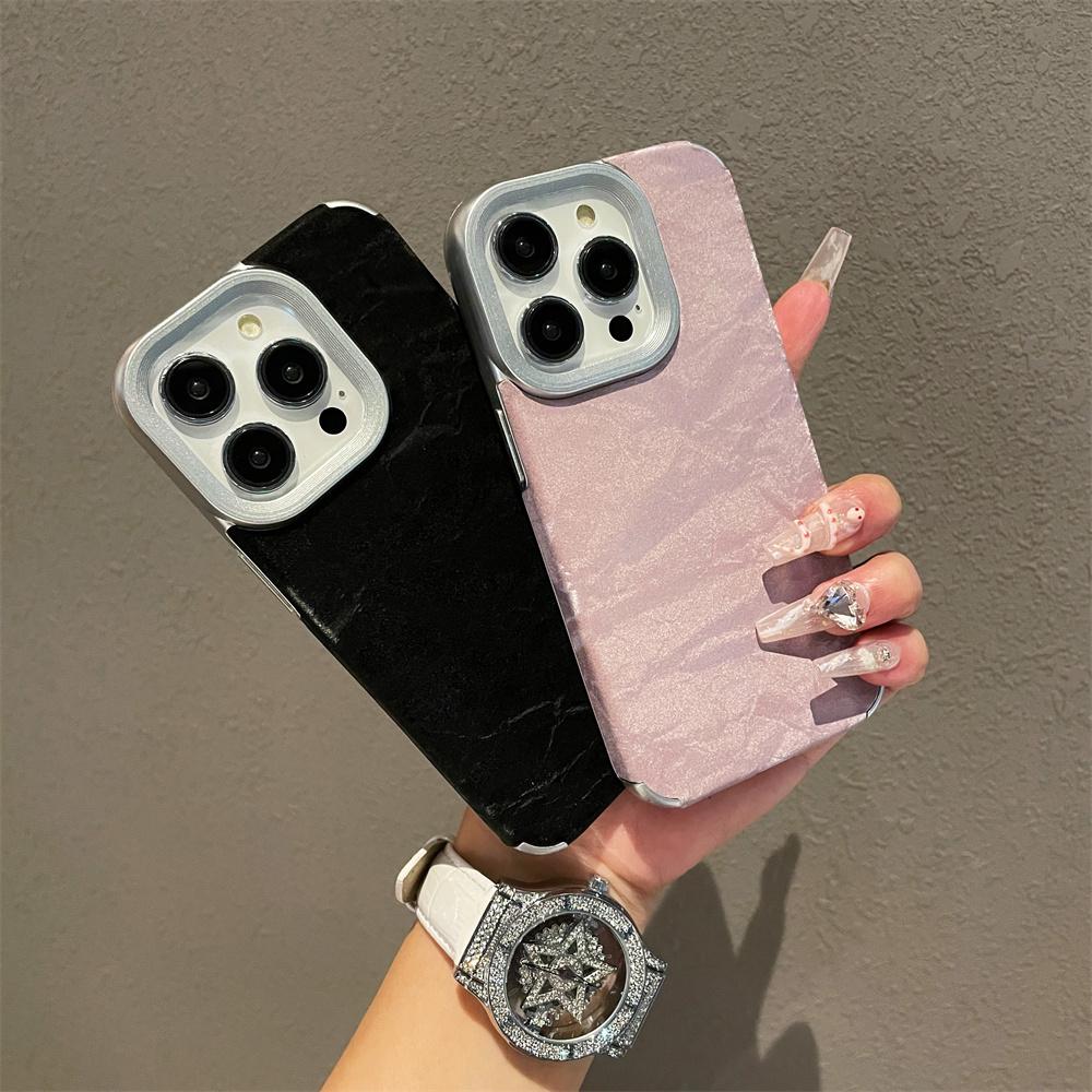 Titanium Gray Glacial Pattern Leather Phone Case for iPhone 16 15 14 13 12 11 Pro Max Full Shockproof Plating Hard Back Cover