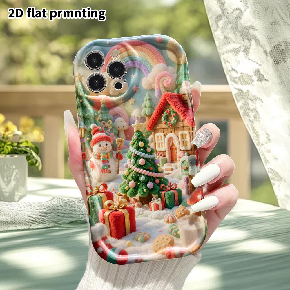 Phone case: 2D flat, suitable for iPhone 18, 17, 16, 15, 14, 13, 12 Pro protective cases, rainbow Christmas village, perfect holiday gift for Christma