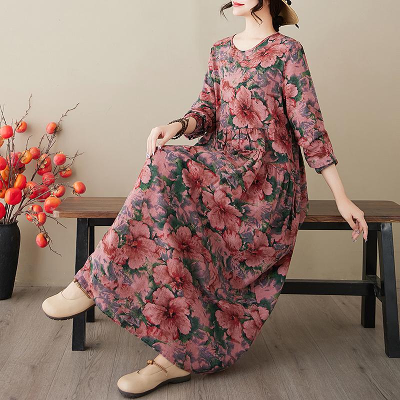 DIMANAF 2025 Женское длинное весеннее платье больших размеров Повседневное платье Свободное цветочное базовое хлопковое льняное винтажное макси с длинным рукавом