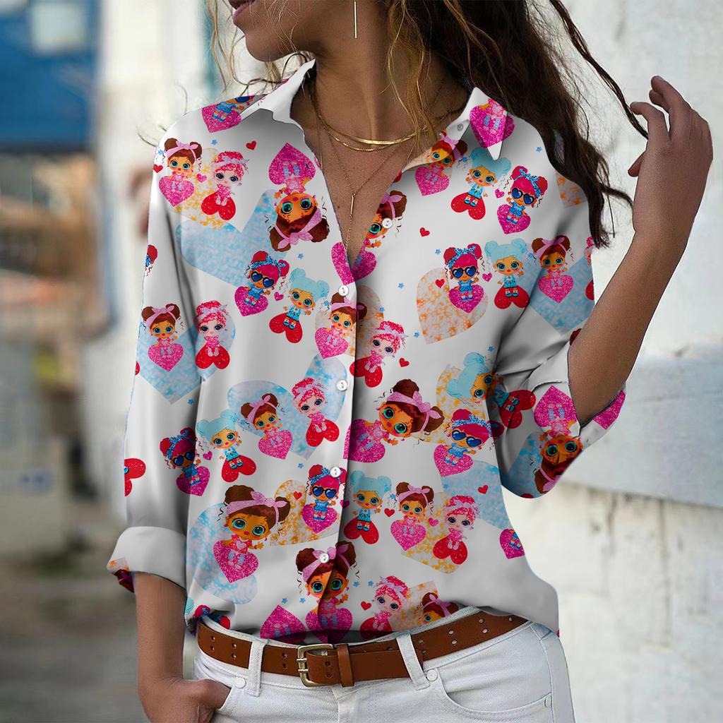 Black Girl Print Women Blouse Spring Autumn Femme Office Lady Button Up Turn Down Collar Shirts