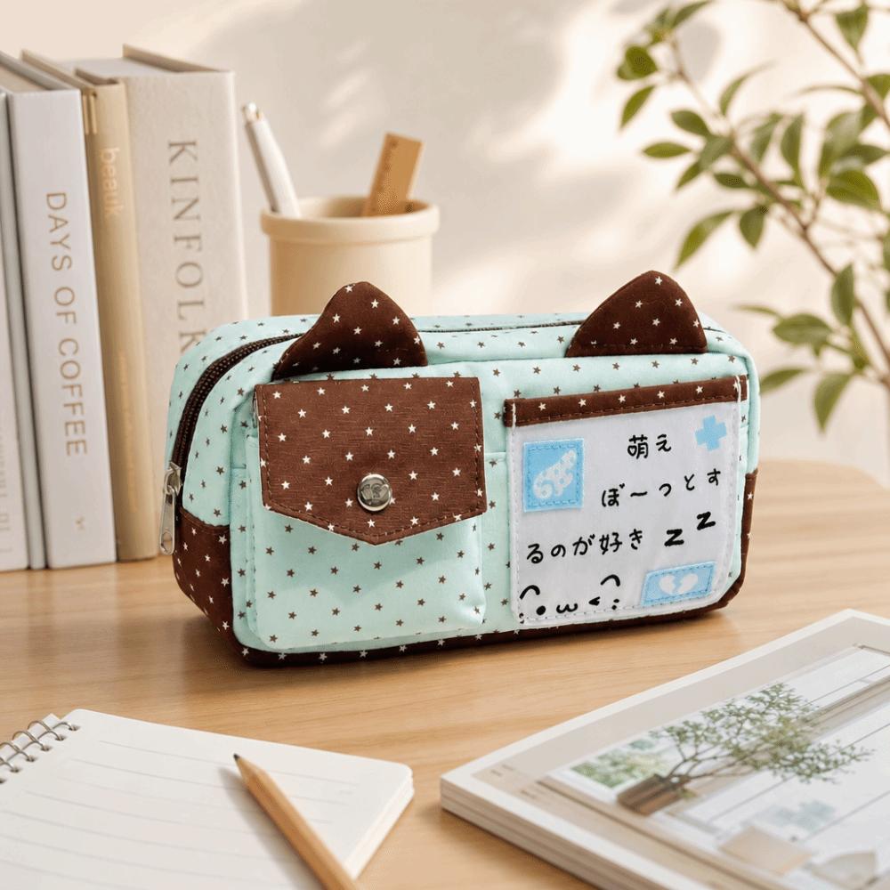 Large Capacity Pencil Pouch Cat Ear Design Pen Bag Portable Stationery Pouch  Gift