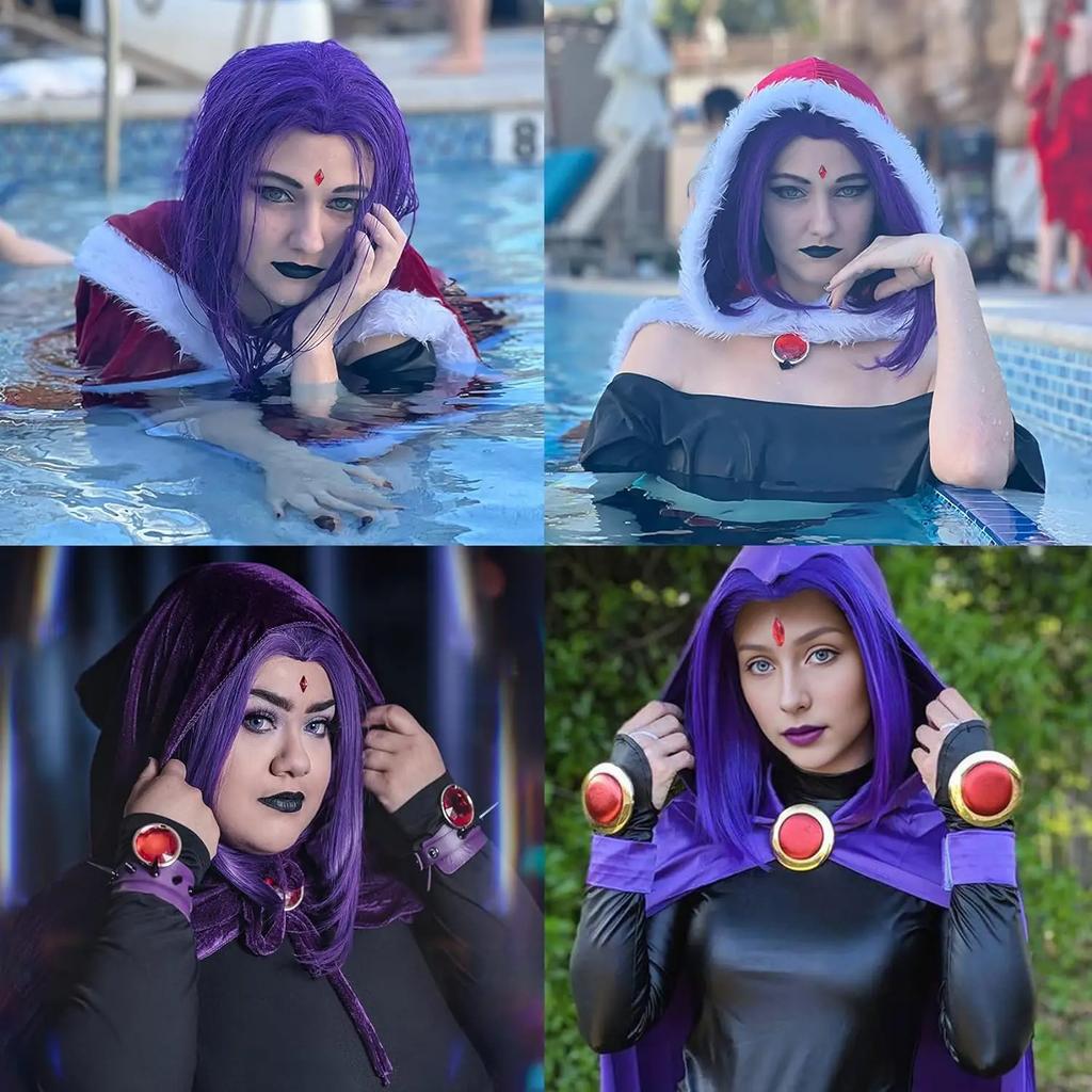 Women Raven Superhero Purple Short Bob Straight Wig with Widow's Peak Synthetic Hair Cosplay Wig for Halloween Costume Party