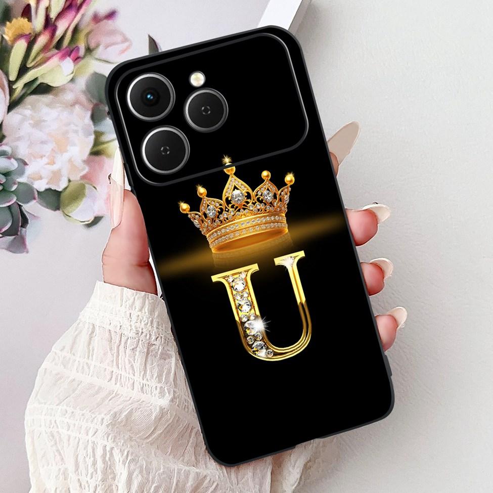 Чехол для Tecno Spark 40 Черный Силикон Роскошные Буквы А-Я Модные Цветы Корона Ударопрочный Чехол для Телефона Tecno Spark 40
