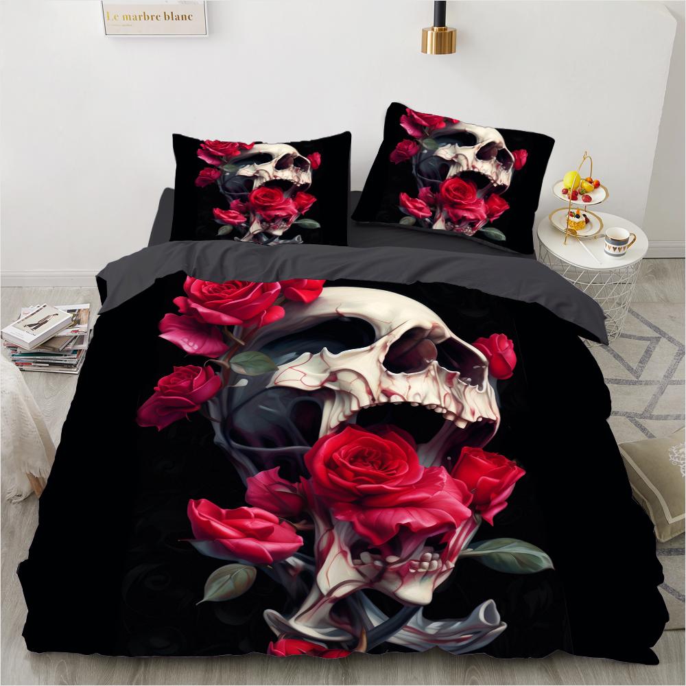 Комплект постельного белья Роза Череп Знаменитое Аниме Комплекты пододеяльников Одеяло Постельное белье Полуторный Двуспальный Кинг Односпальный Размер Дропшиппинг Подарок
