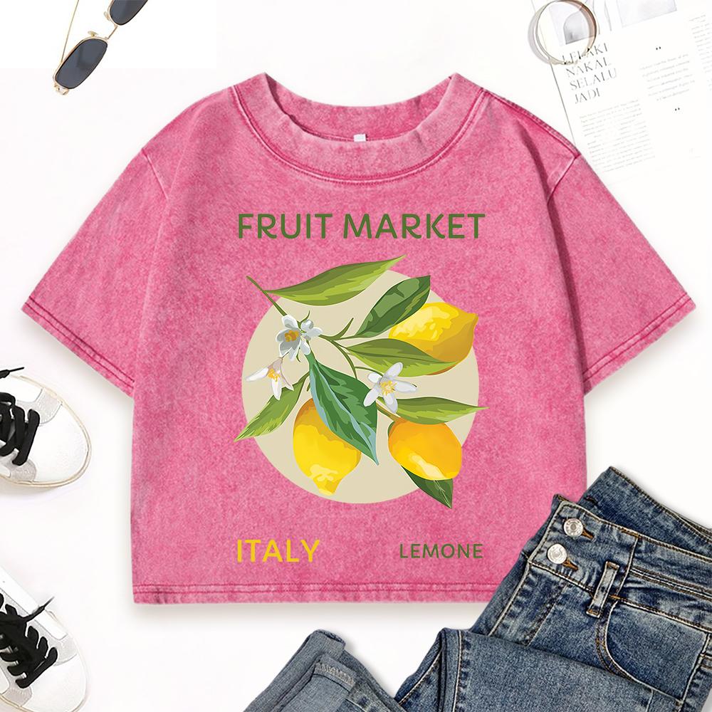 Fruit Market Italy Lemon  Print Washed Crop T-Shirt Women Crewneck Slim T Shirts Y2K Top Cotton Female Short Sleeve