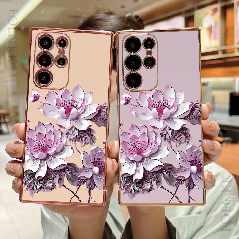 Роскошный чехол с покрытием для Samsung Galaxy Note 10 20 Lite S24 S23 S22 S21 S20 Ultra FE Plus 5G, Розовый Лотос, Силиконовый Мягкий Чехол