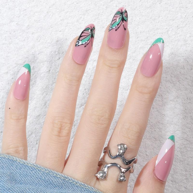 Butterfly Glitter Almond Shape Press-On Nails With Adhesive Gel Or Jelly Glue Trendy Nail Art