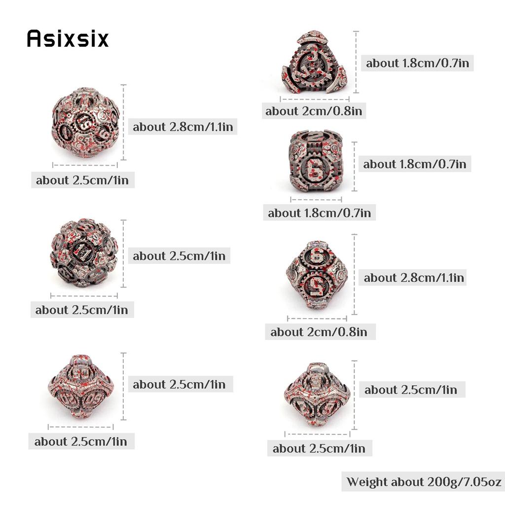 7 Pcs Silver Red Gear Wheel Metal Dice Solid Metal Polyhedral Dice Set Suitable for Role-Playing RPG Board Game Card Game
