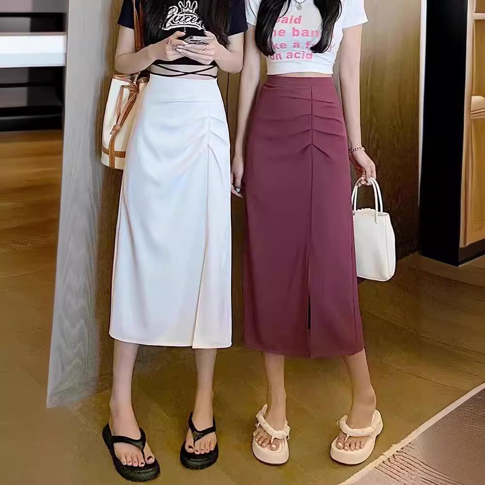 Женская юбка-миди с высокой талией, весенняя, А-силуэт, узкая, с боковым разрезом