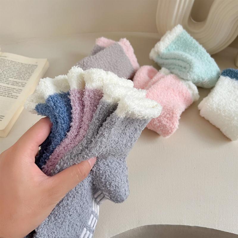 6 Pairs Women's Non-Slip Thermal Fleece Socks Winter Thick Floor Socks Solid Color Mix Soft Polyester One Size Color As Same As The Picture