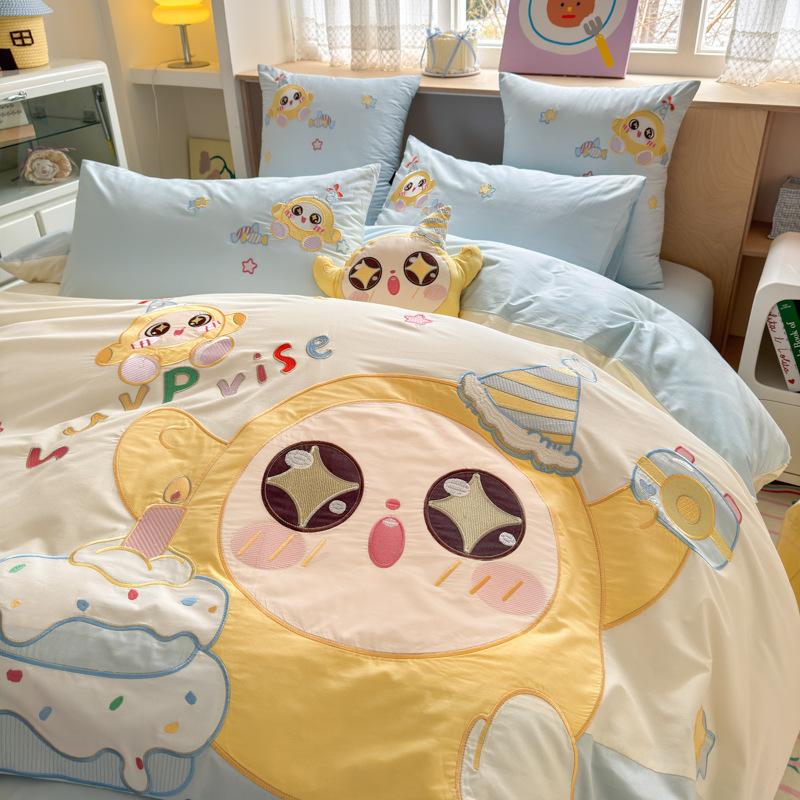 Cartoon children's cotton four-piece set boys 100% cotton three-piece set cute bed sheet quilt cover mattress bedding
