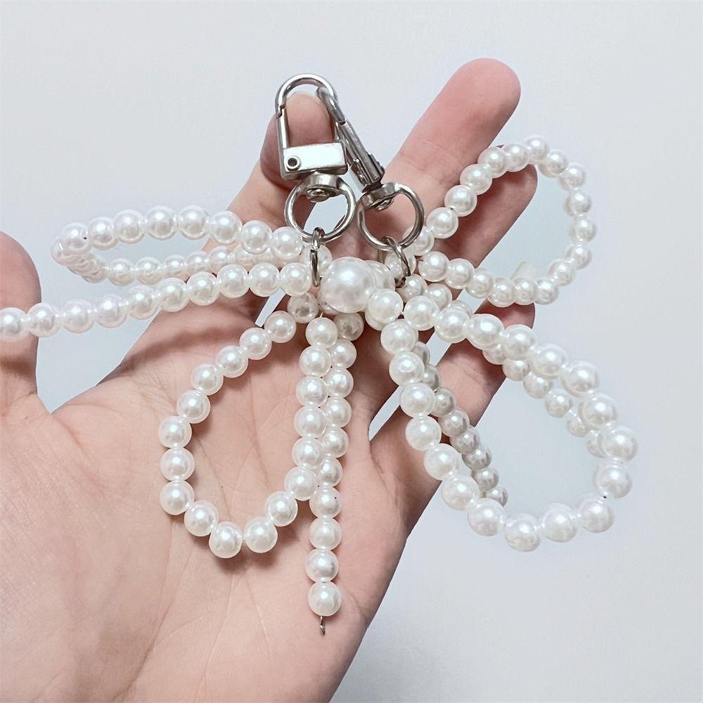 3D Pearl Bow Pendant Hanging Ornament Cellphone Lanyard Keyring Pearl Bowknot Keychain Women Girls