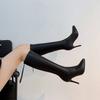Fashion Leather Stiletto Heel Pointed Toe Long Boots for Women 2025 New Demi-season Work Goth Fashion Hot Knee High Shaft Shoes Woman