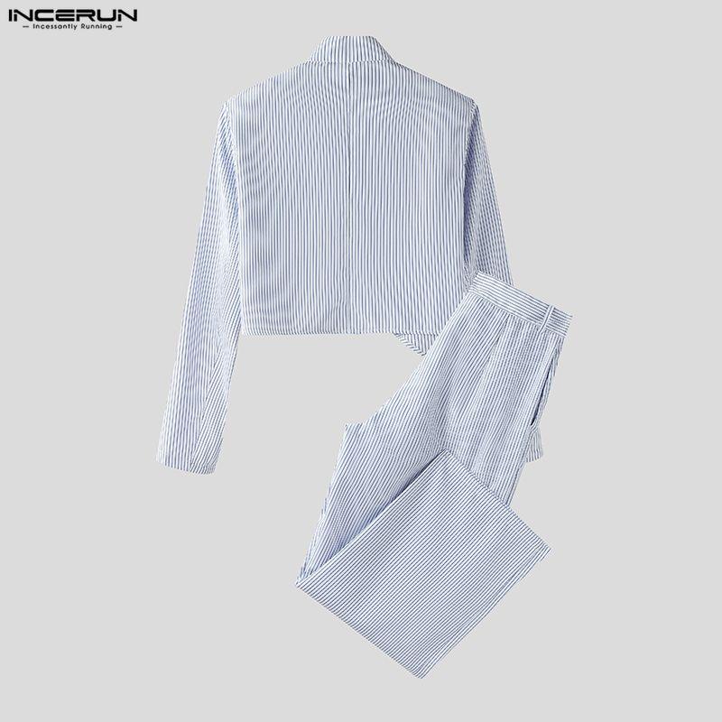 INCERUN Мужские наряды Стойка воротник Полосатый Длинный рукав Кроп-топы На молнии С высокой талией Длинные брюки Комплекты