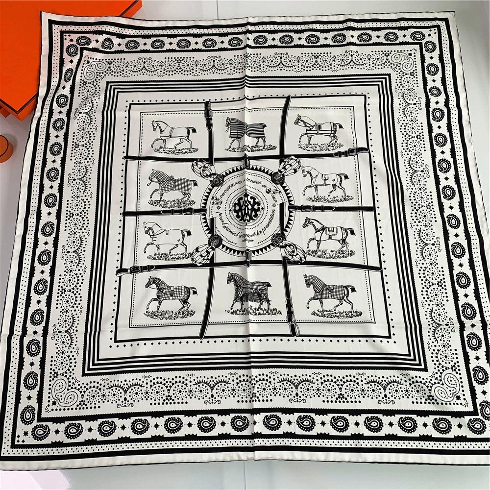 90CM Square Manual Hand Rolled Twill Silk Scarf Women Plaid Horse Design Scarves Bandana Hijabs For Holiday