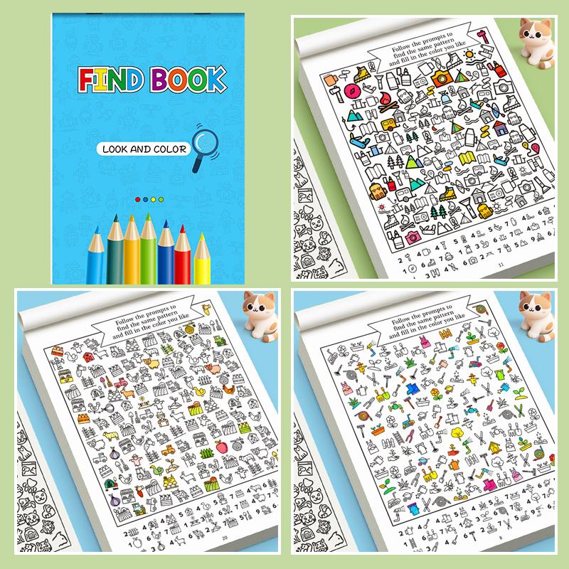 32 Pages Interactive Coloring Search Book for Children - Look, Find & Color 1000+ Graphics, Educational Puzzle Fun