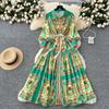 Spring Summer Women Designer Vintage Palace Print Runway Dress Turn-down Collar Loose Shirt Party Dresses With Belt
