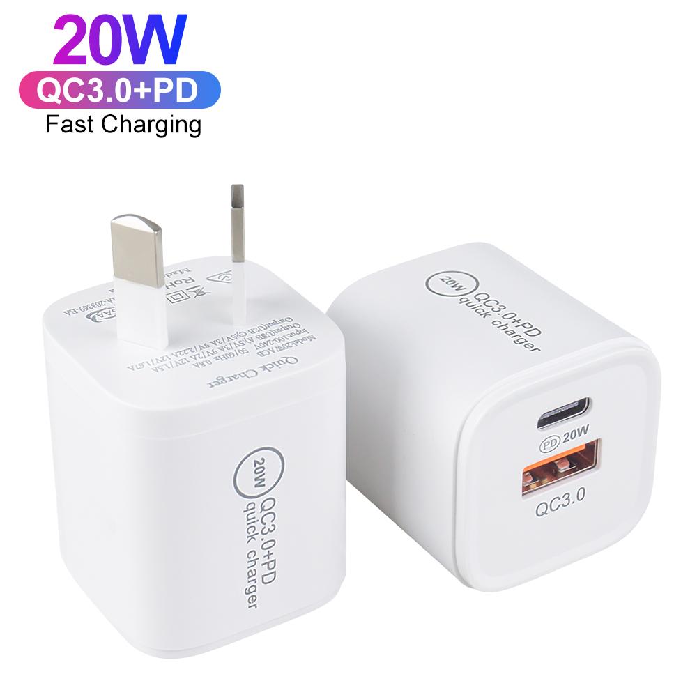 AU Plug Mini Portable PD20W QC3.0 Charger Type-C Fast Charging USB C Wall Charger for Cell Phone Dual Ports