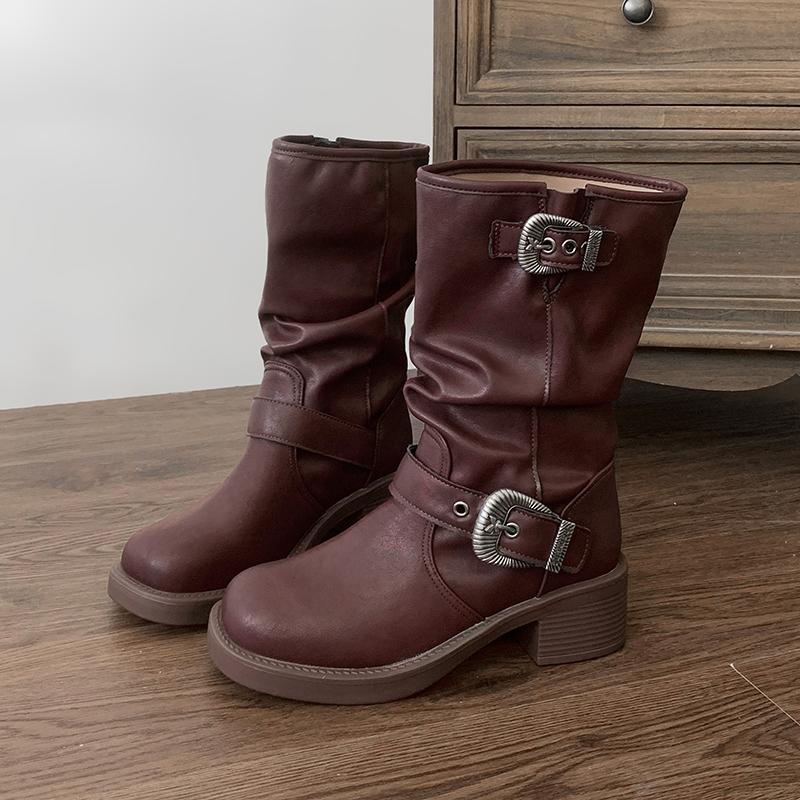 Винтажные женские ковбойские сапоги в западном стиле, модные полусапожки до середины икры, элегантные женские сапоги на толстом каблуке