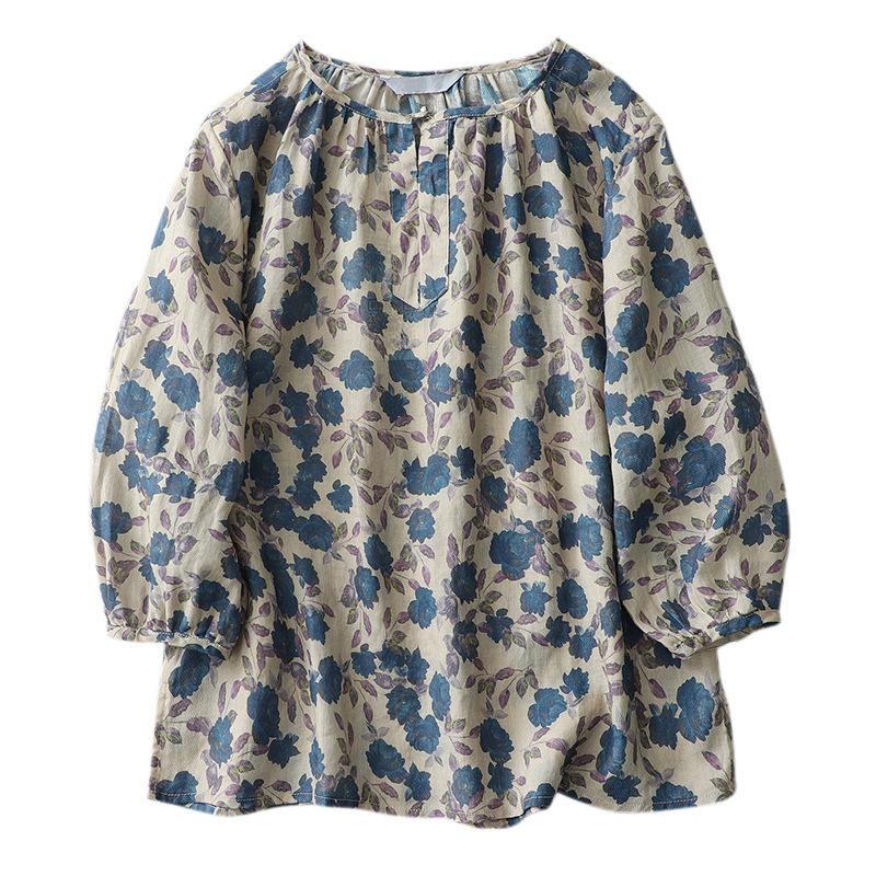 Художественный Ретро Хлопково-Льняной Топ Свободный Цветочный Топ с Рукавом Три Четверти Женские Блузки и Рубашки