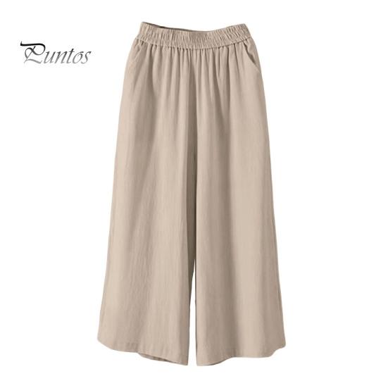 Женские укороченные брюки с эластичной резинкой на талии, широкие брюки со средней посадкой и карманами, однотонные свободные повседневные брюки
